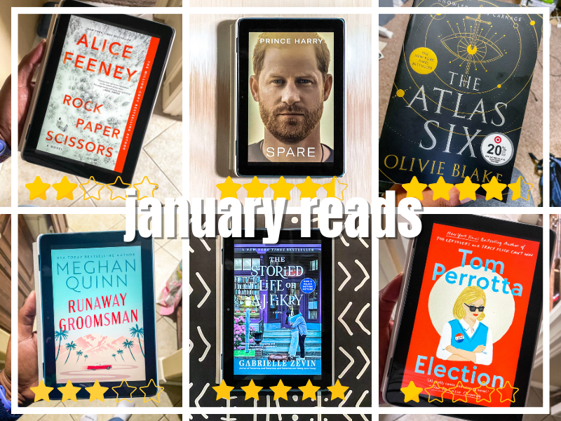 Books I read in January: Spare, Rock Paper Scissors, The SToried life of A.J. Fikry, The Atlas Six, Election